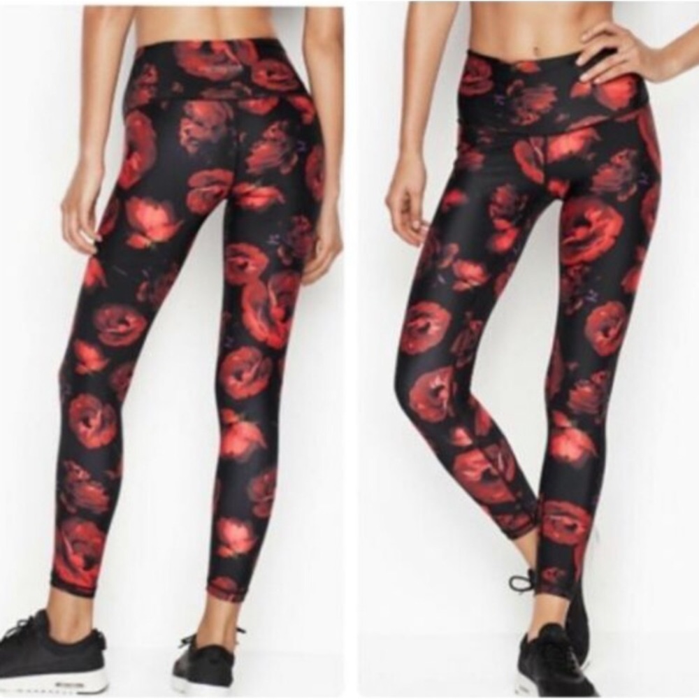 Womens VICTORIA SPORT Red Floral Roses Black HIGH WAIST 7/8 Tights Leggings Sz M